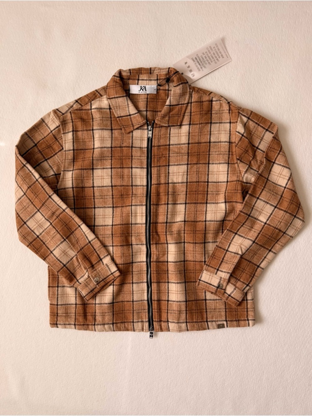 JK Attire Boxy Fit Plaid Flannel Zip Shirt Stone Size L NWT